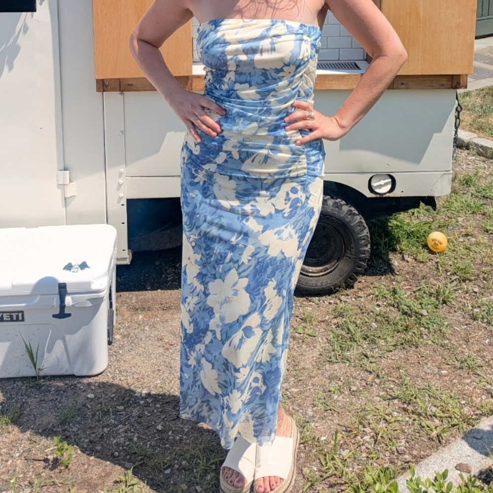 SHEIN Strapless Floral Dress - Blue and Cream